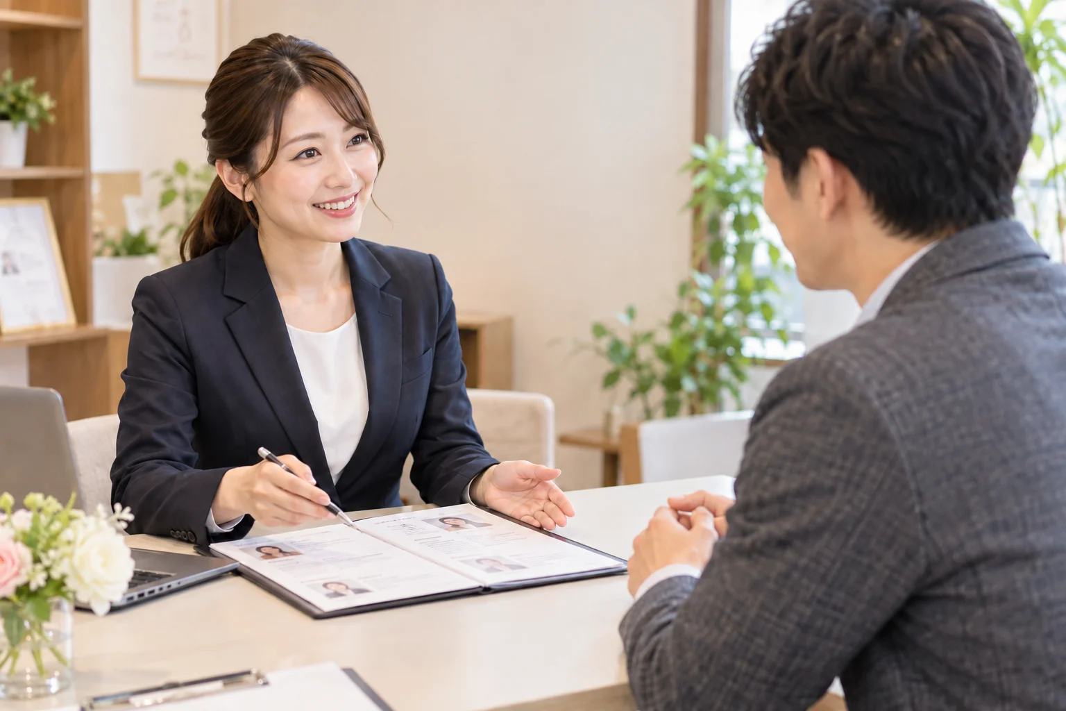 相談室でカウンセラーと向かい合って話す男女